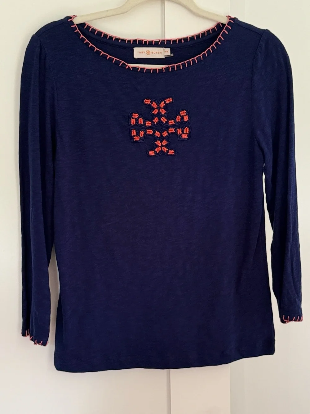 Tory Burch Navy Long-Sleeve Tee with Coral Embroidery